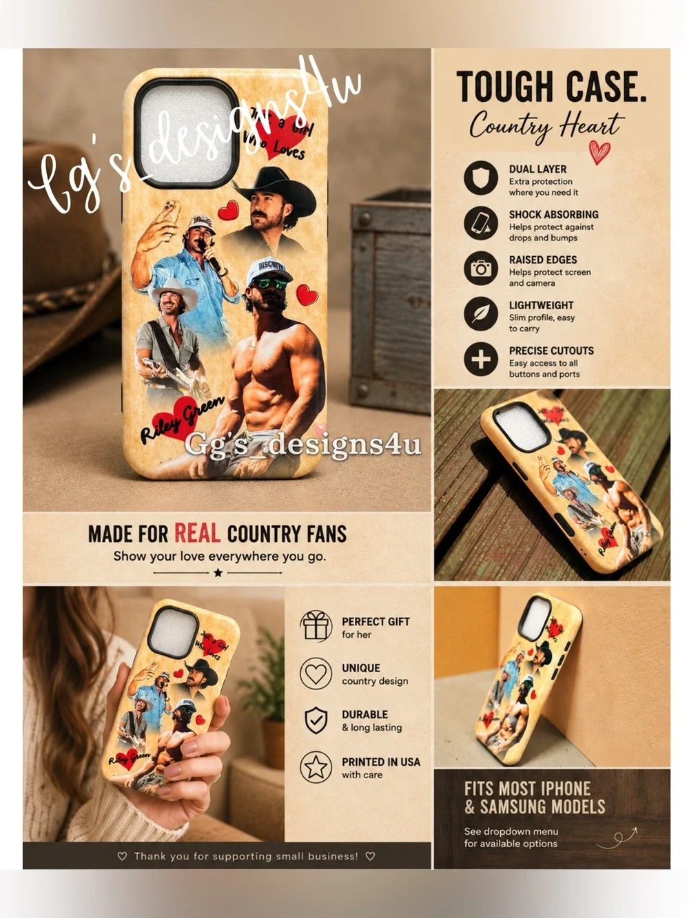 2‎ in 1 Riley Green - Country Music Inspired Heart Aesthetic iPhone Case